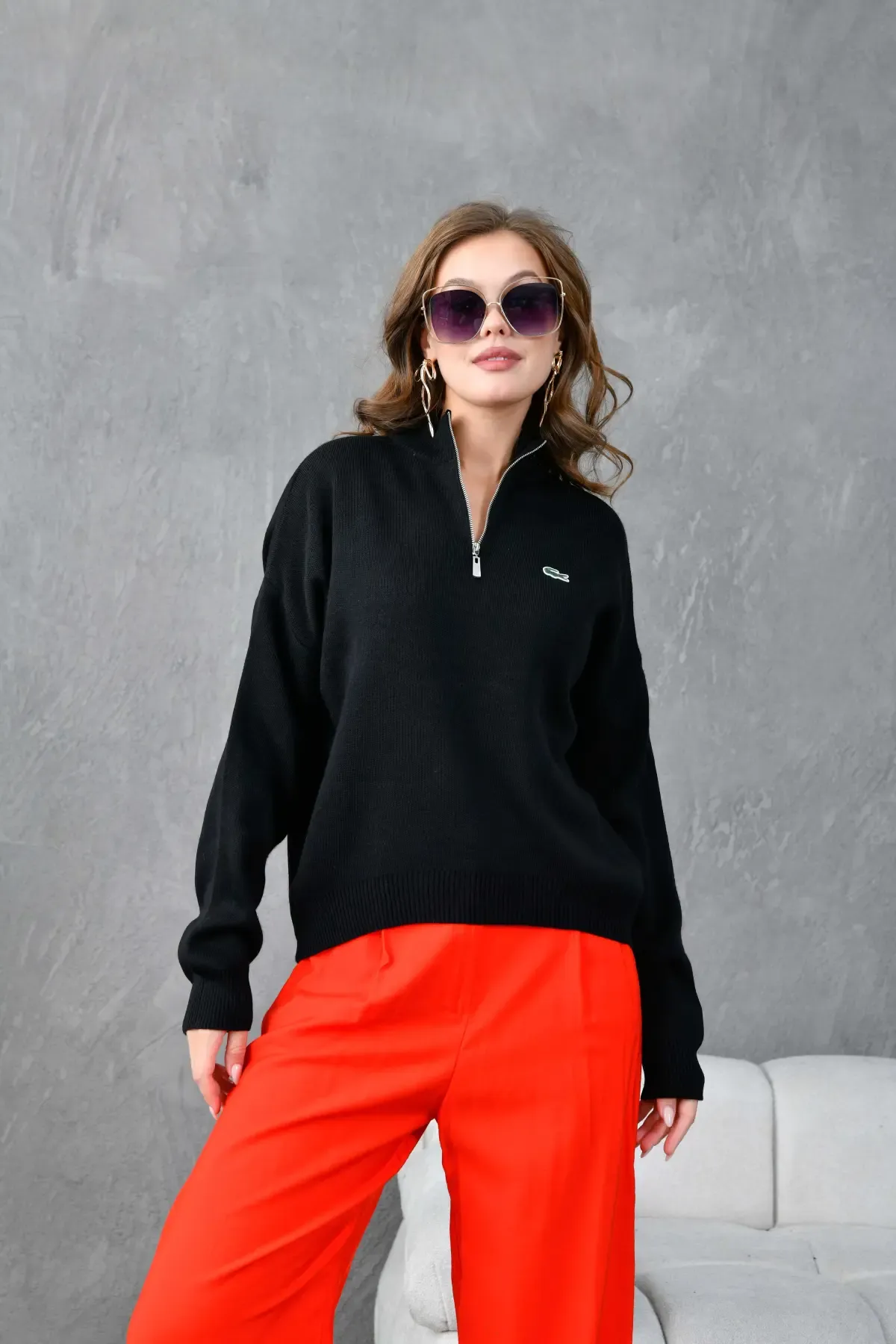 Kadın Dik Yaka Yarım Pat Fermuar Triko Kazak 10948