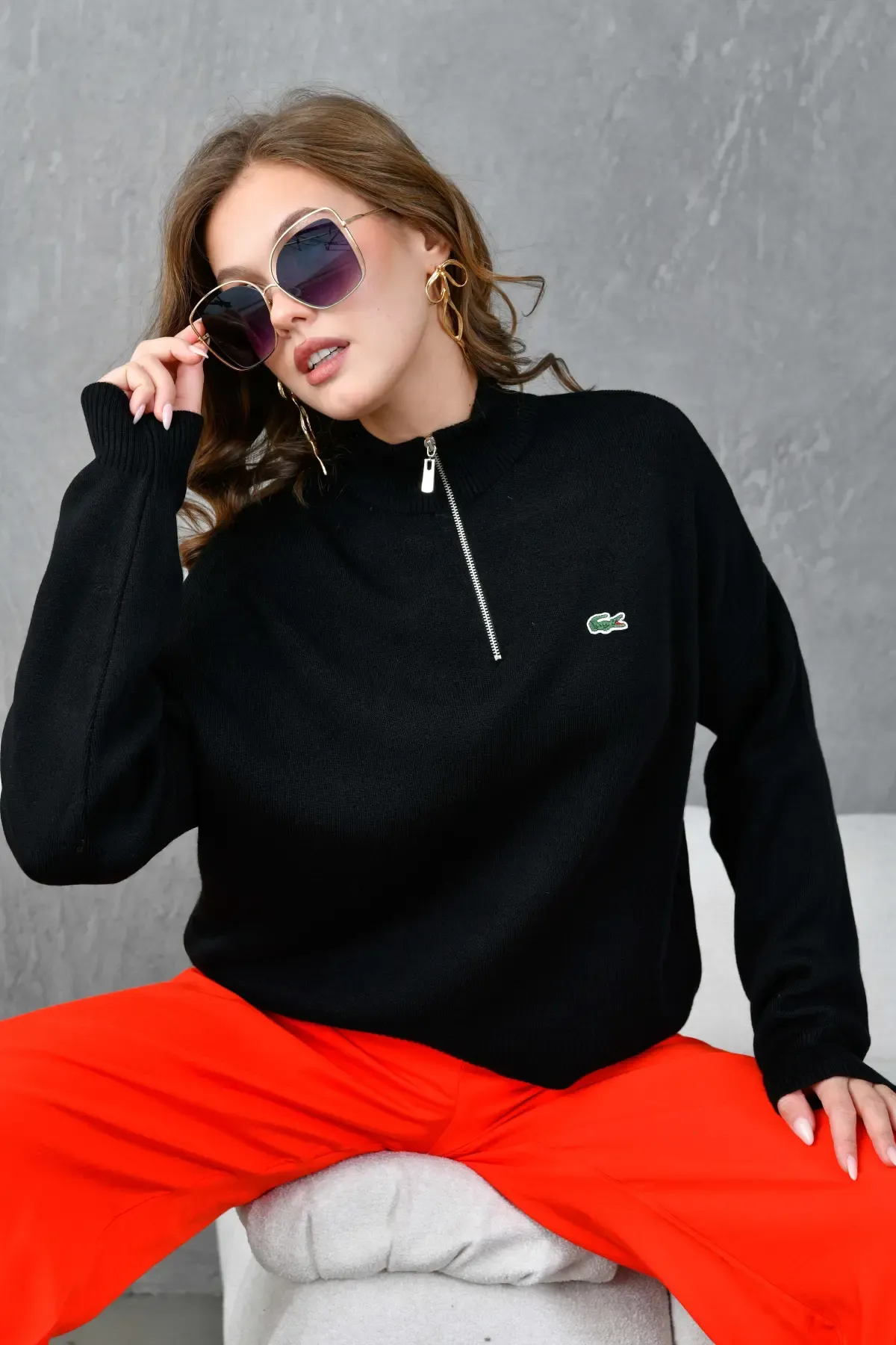 Kadın Dik Yaka Yarım Pat Fermuar Triko Kazak 10948