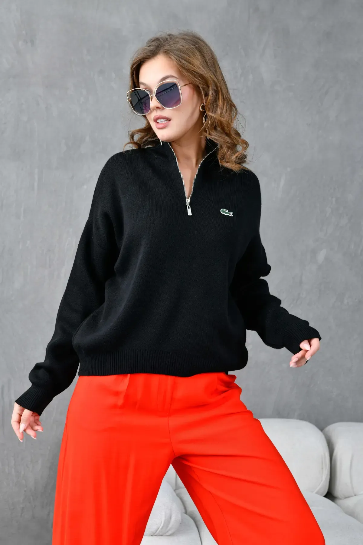 Kadın Dik Yaka Yarım Pat Fermuar Triko Kazak 10948