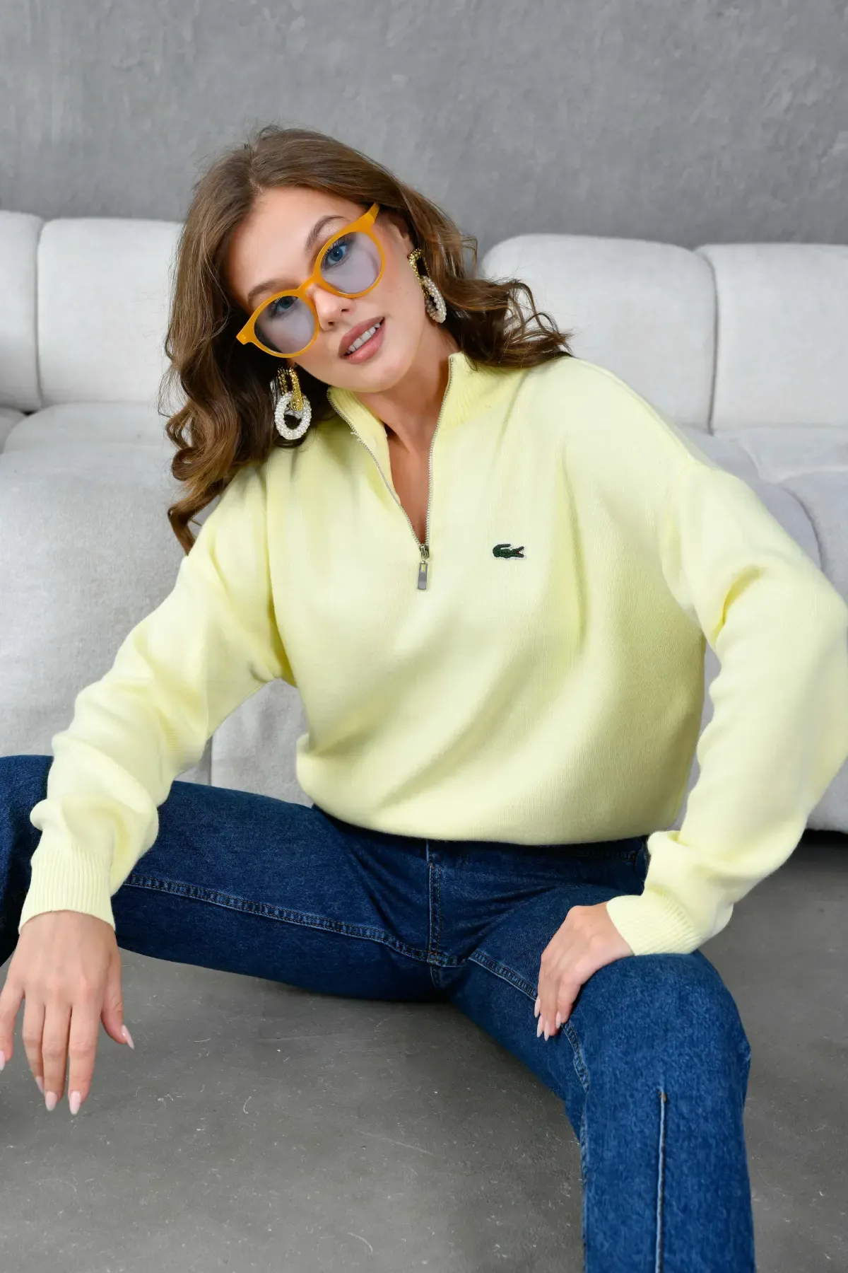 Kadın Dik Yaka Yarım Pat Fermuar Triko Kazak 10948