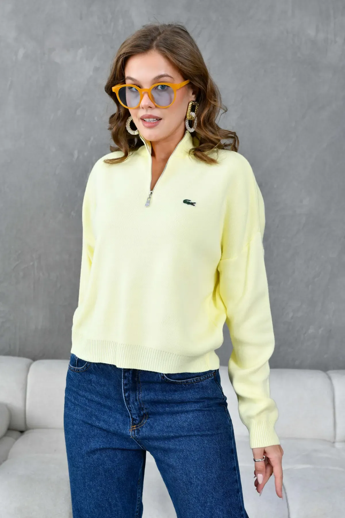 Kadın Dik Yaka Yarım Pat Fermuar Triko Kazak 10948