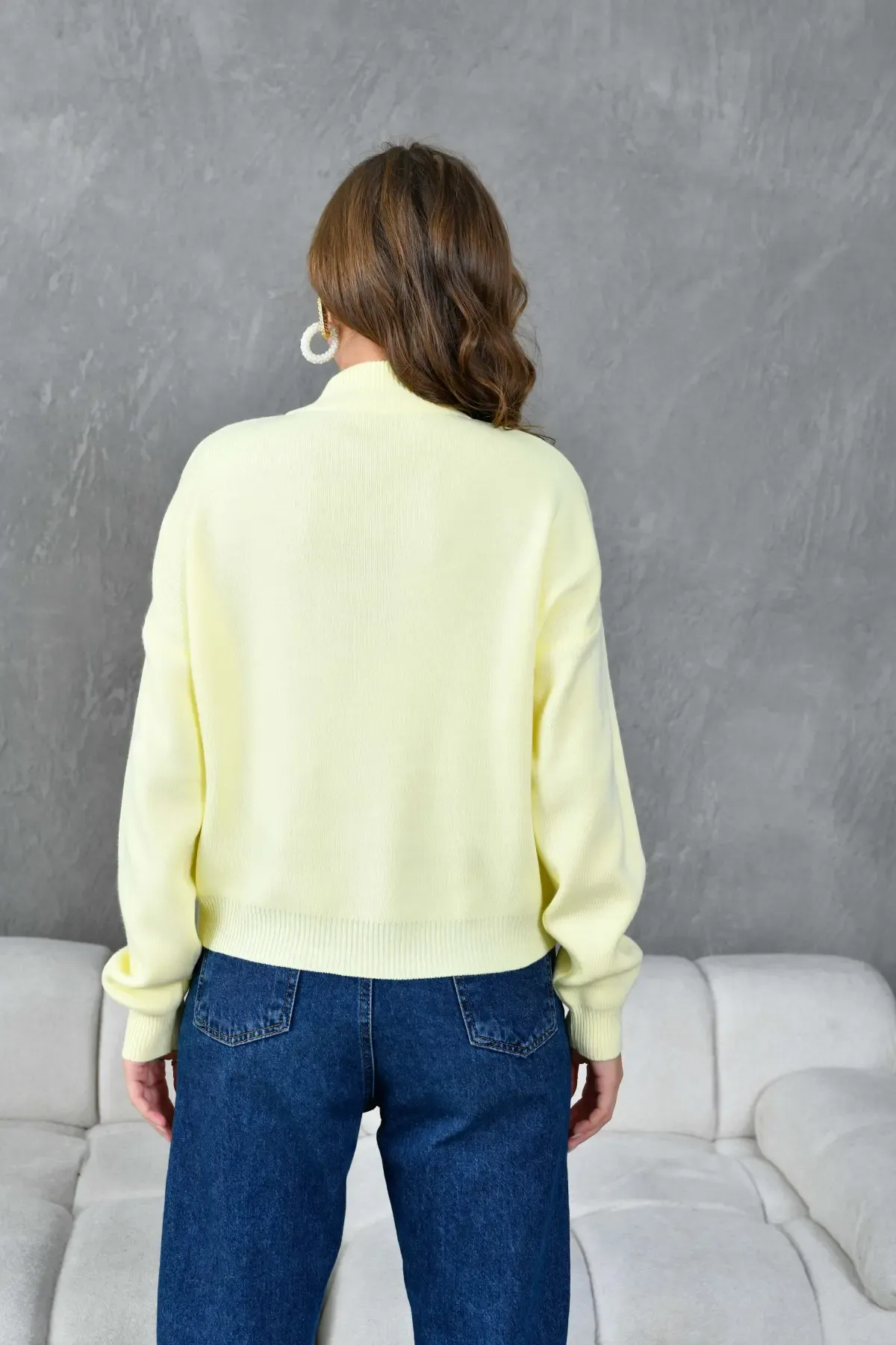 Kadın Dik Yaka Yarım Pat Fermuar Triko Kazak 10948