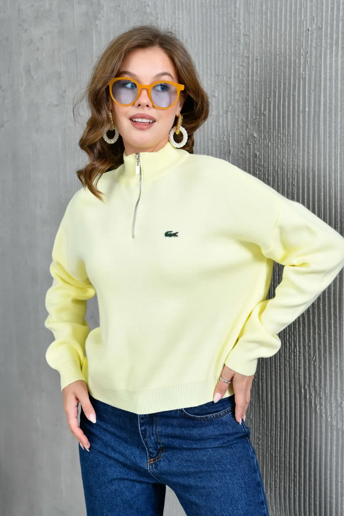 Kadın Dik Yaka Yarım Pat Fermuar Triko Kazak 10948