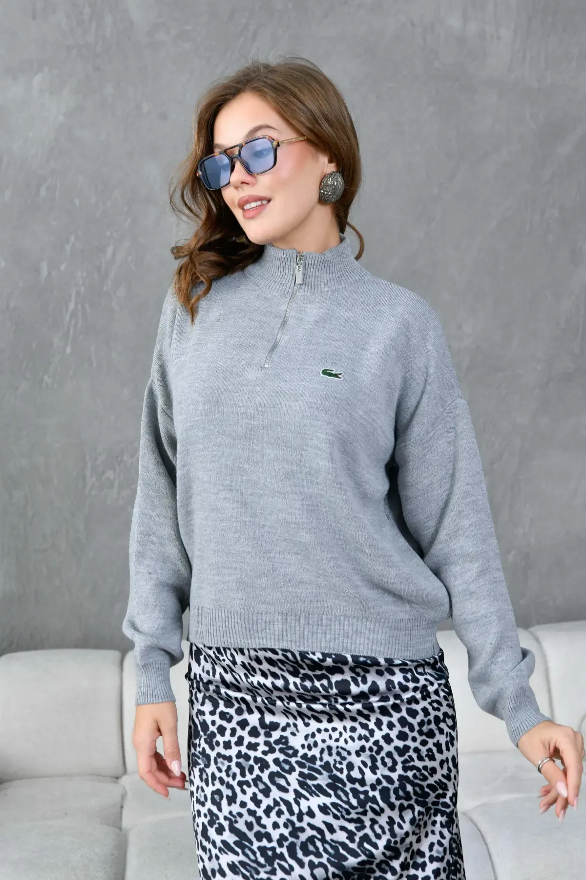 Kadın Dik Yaka Yarım Pat Fermuar Triko Kazak 10948