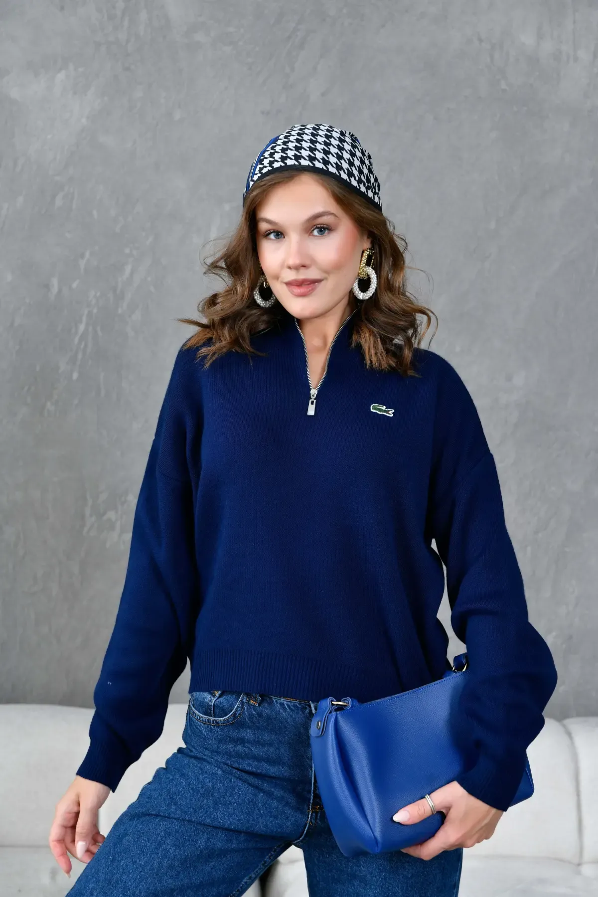 Kadın Dik Yaka Yarım Pat Fermuar Triko Kazak 10948