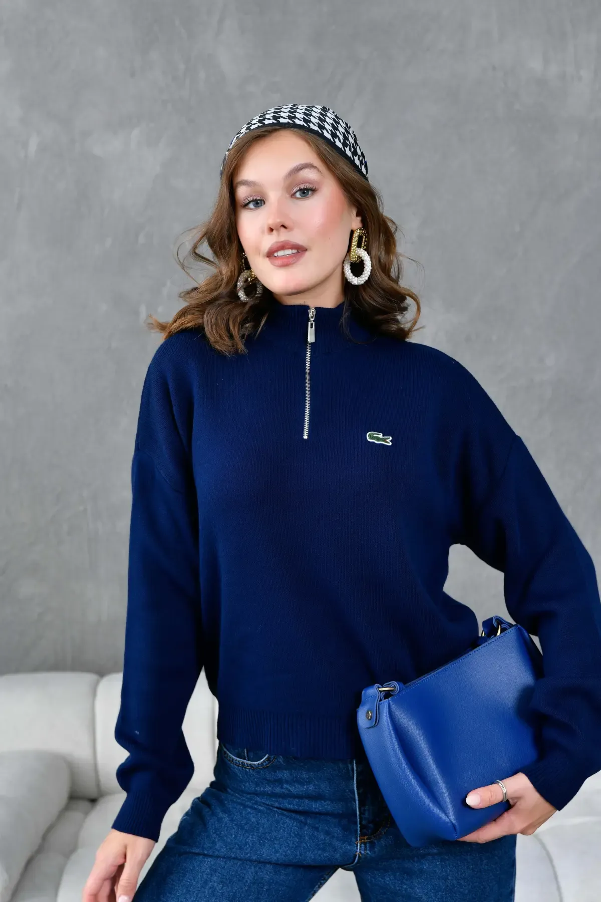 Kadın Dik Yaka Yarım Pat Fermuar Triko Kazak 10948