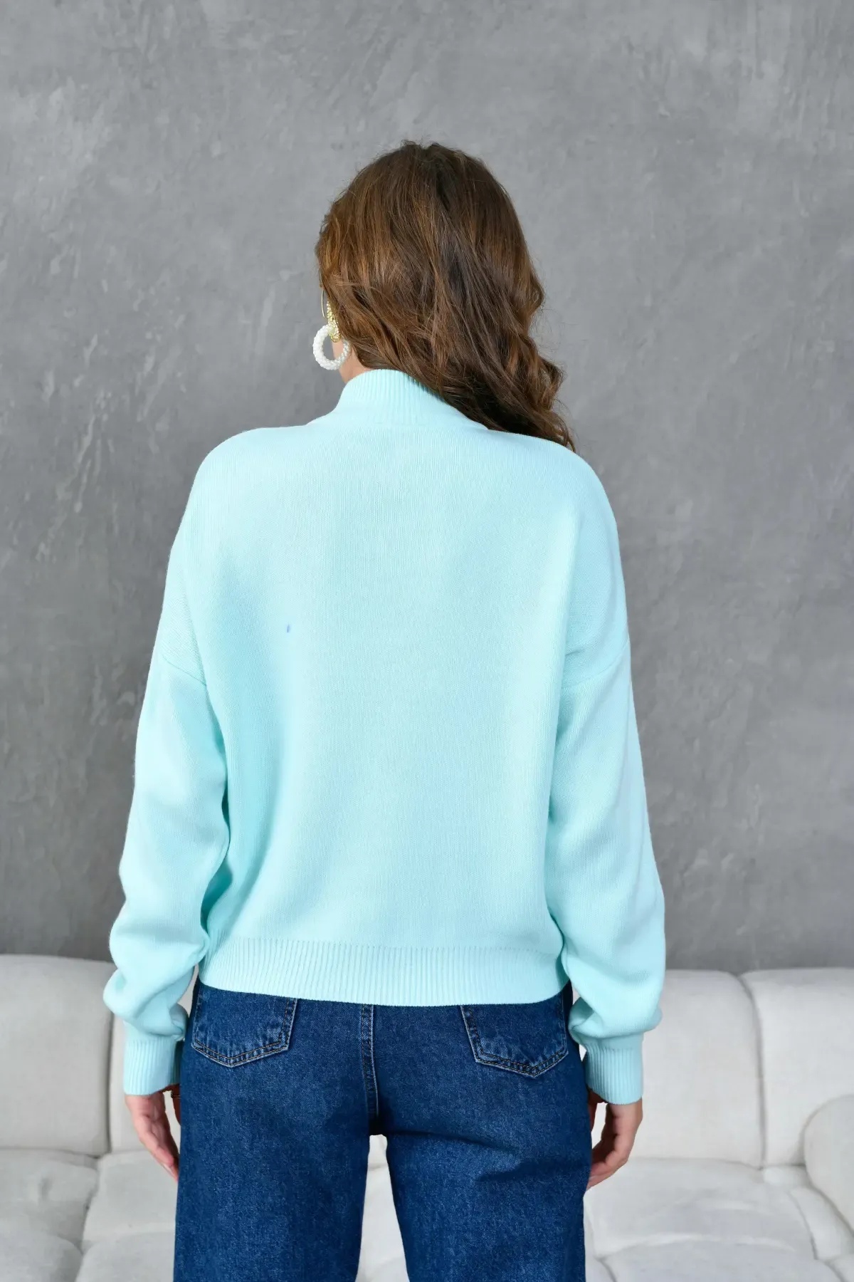 Kadın Dik Yaka Yarım Pat Fermuar Triko Kazak 10948