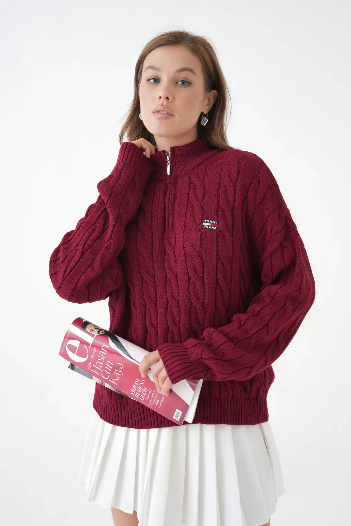 Kadın Dik Yaka Yarım Pat Fermuar Triko Kazak 8635