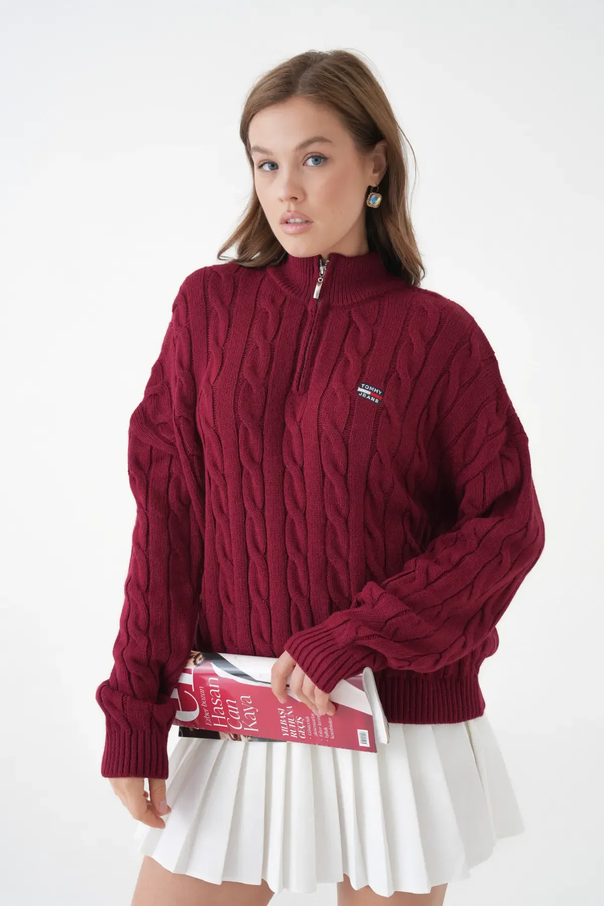 Kadın Dik Yaka Yarım Pat Fermuar Triko Kazak 8635