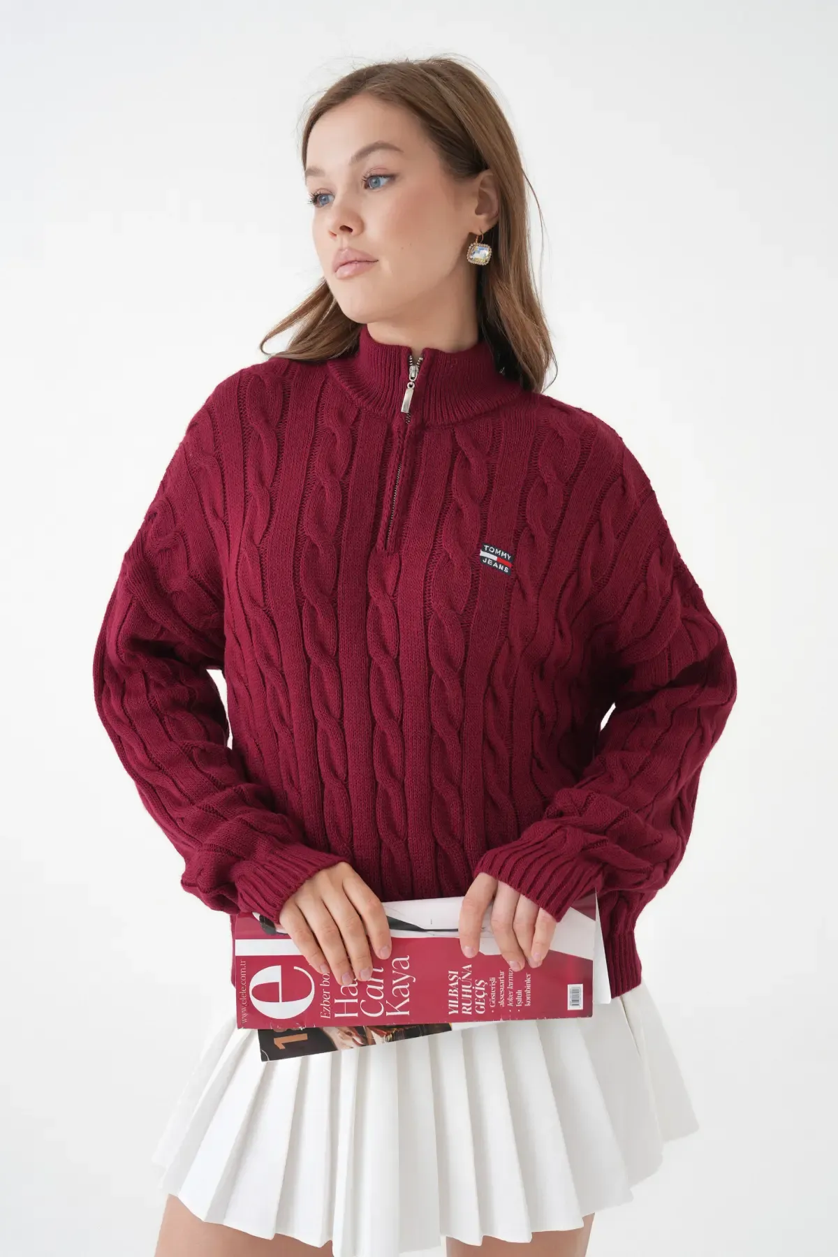 Kadın Dik Yaka Yarım Pat Fermuar Triko Kazak 8635