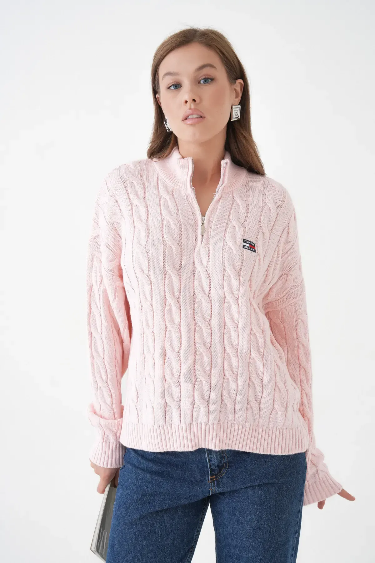 Kadın Dik Yaka Yarım Pat Fermuar Triko Kazak 8635