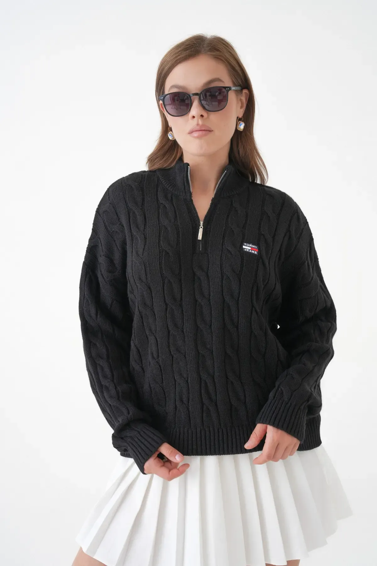 Kadın Dik Yaka Yarım Pat Fermuar Triko Kazak 8635