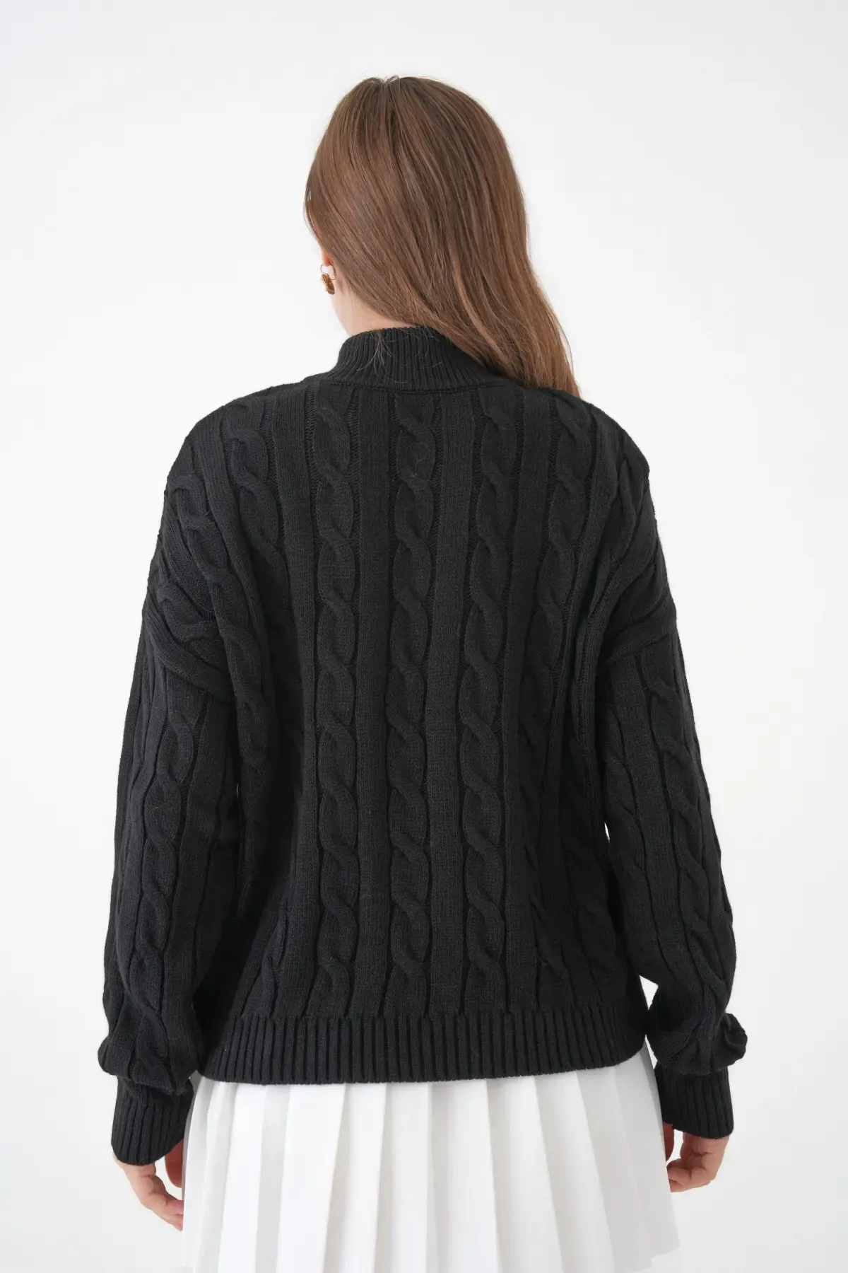 Kadın Dik Yaka Yarım Pat Fermuar Triko Kazak 8635