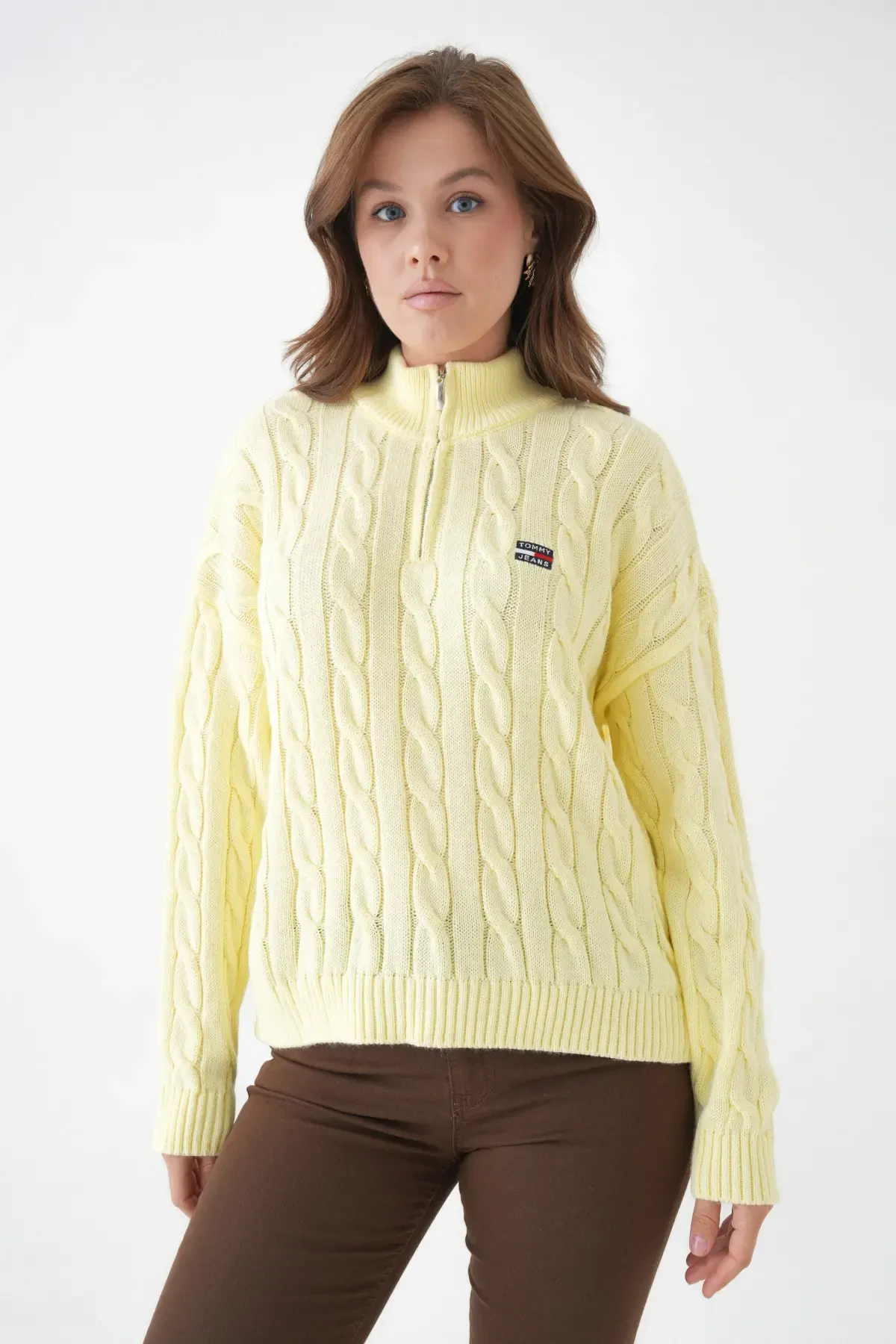 Kadın Dik Yaka Yarım Pat Fermuar Triko Kazak 8635