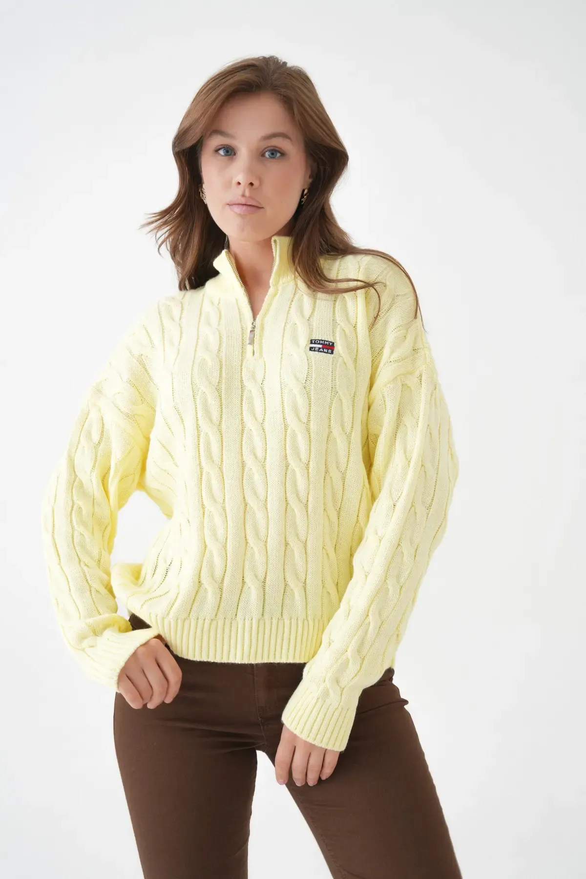 Kadın Dik Yaka Yarım Pat Fermuar Triko Kazak 8635