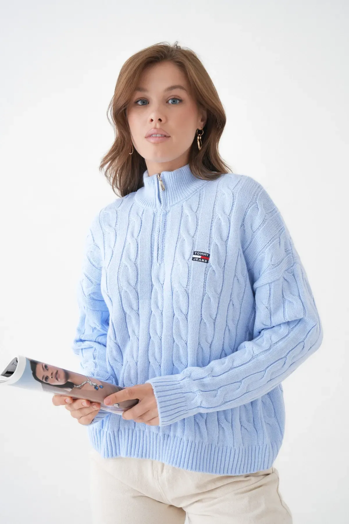 Kadın Dik Yaka Yarım Pat Fermuar Triko Kazak 8635