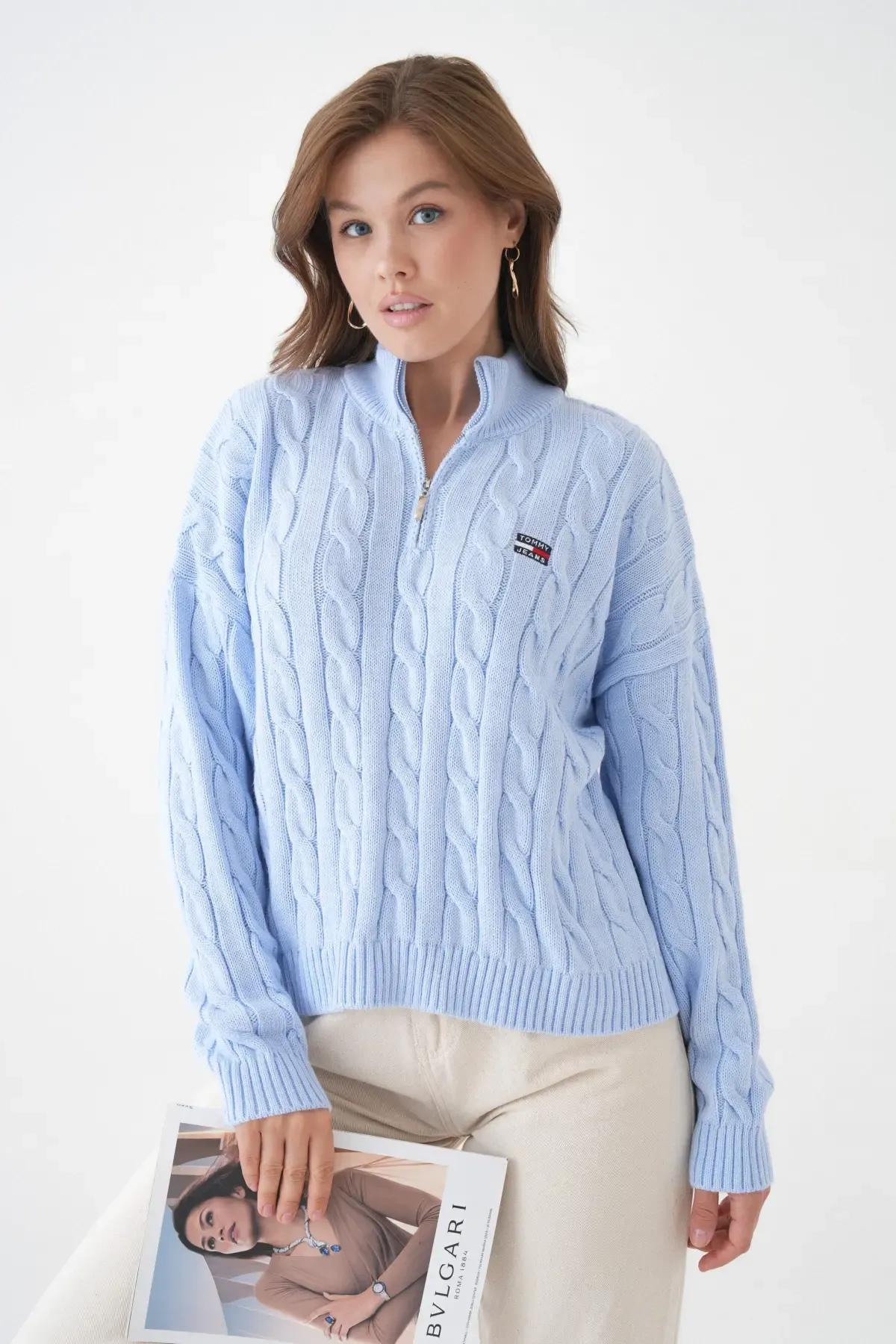 Kadın Dik Yaka Yarım Pat Fermuar Triko Kazak 8635