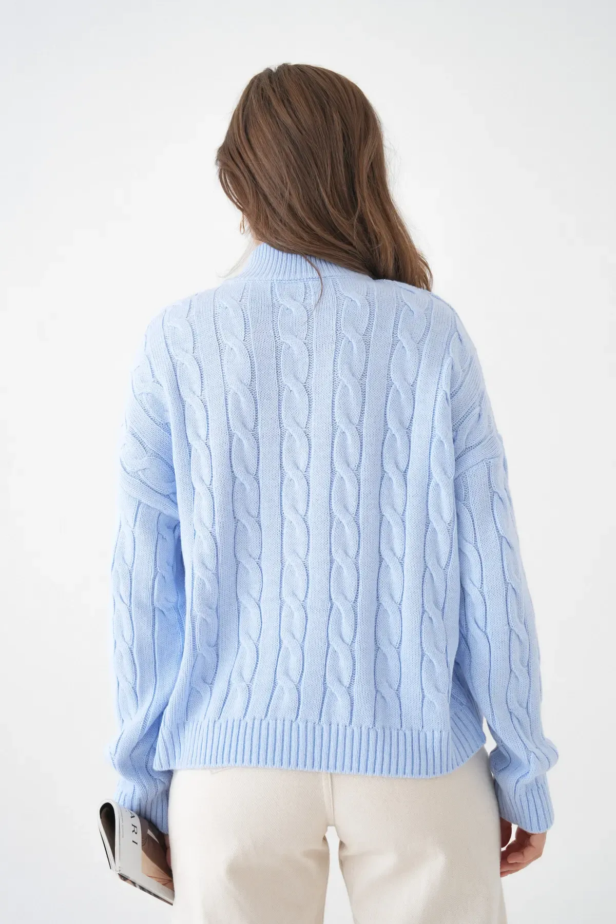 Kadın Dik Yaka Yarım Pat Fermuar Triko Kazak 8635