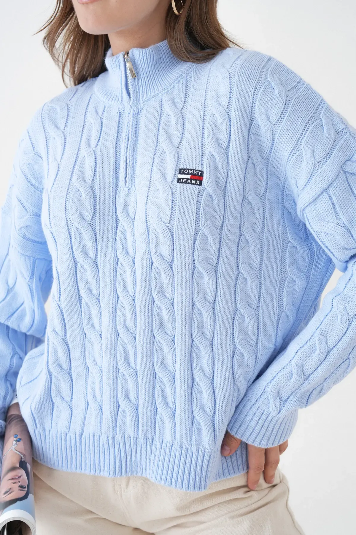 Kadın Dik Yaka Yarım Pat Fermuar Triko Kazak 8635