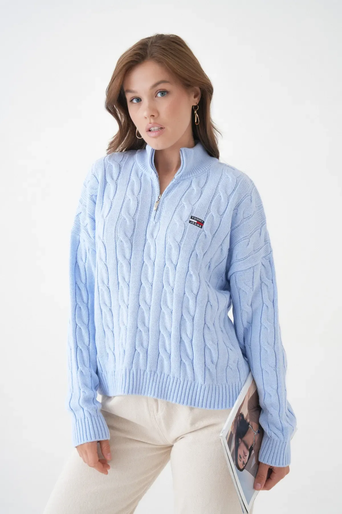 Kadın Dik Yaka Yarım Pat Fermuar Triko Kazak 8635