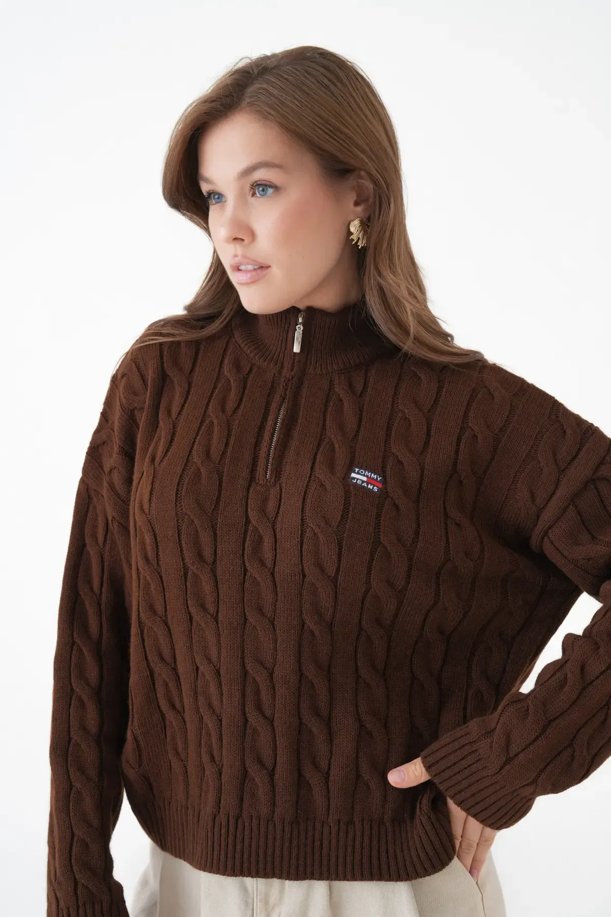 Kadın Dik Yaka Yarım Pat Fermuar Triko Kazak 8635