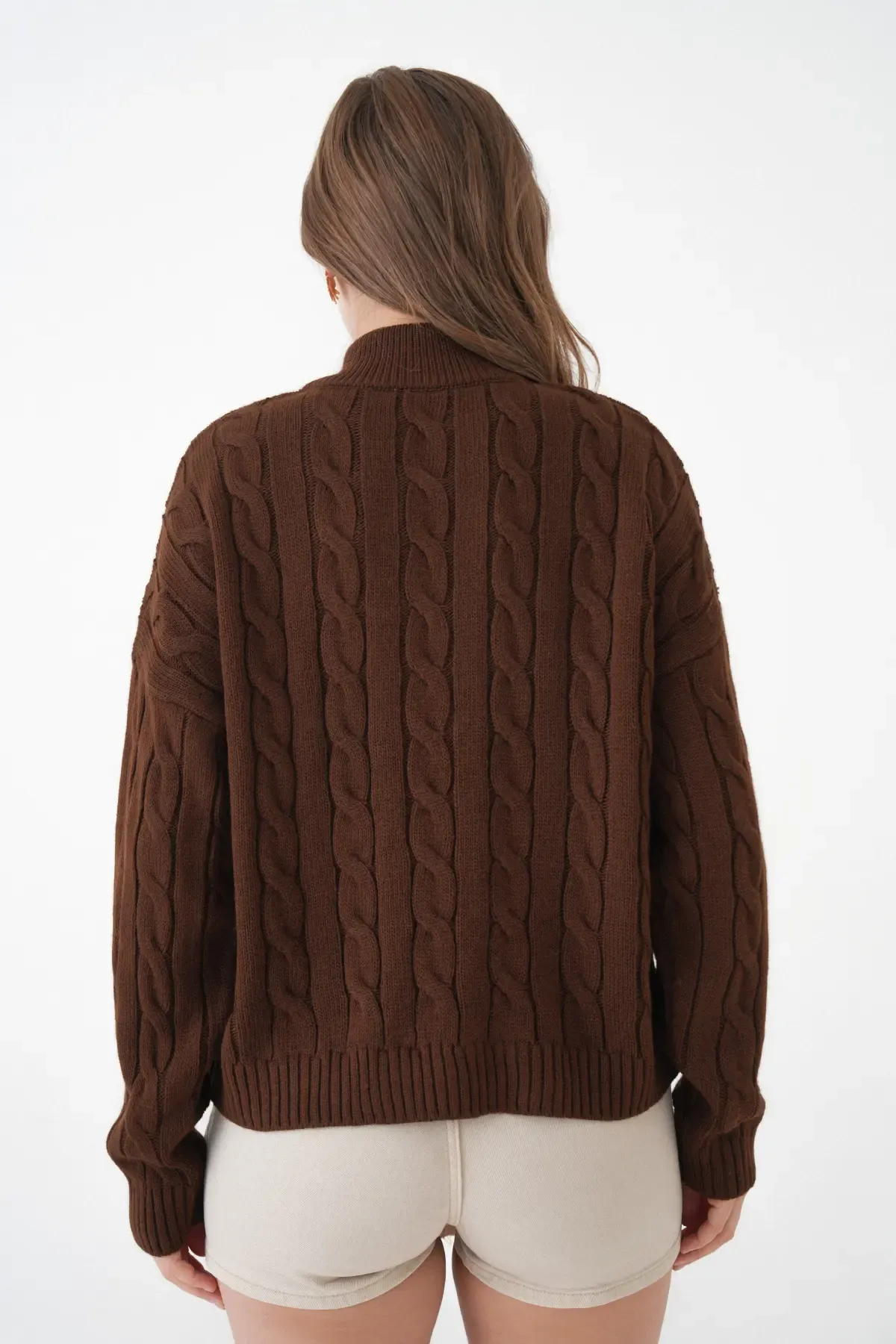 Kadın Dik Yaka Yarım Pat Fermuar Triko Kazak 8635