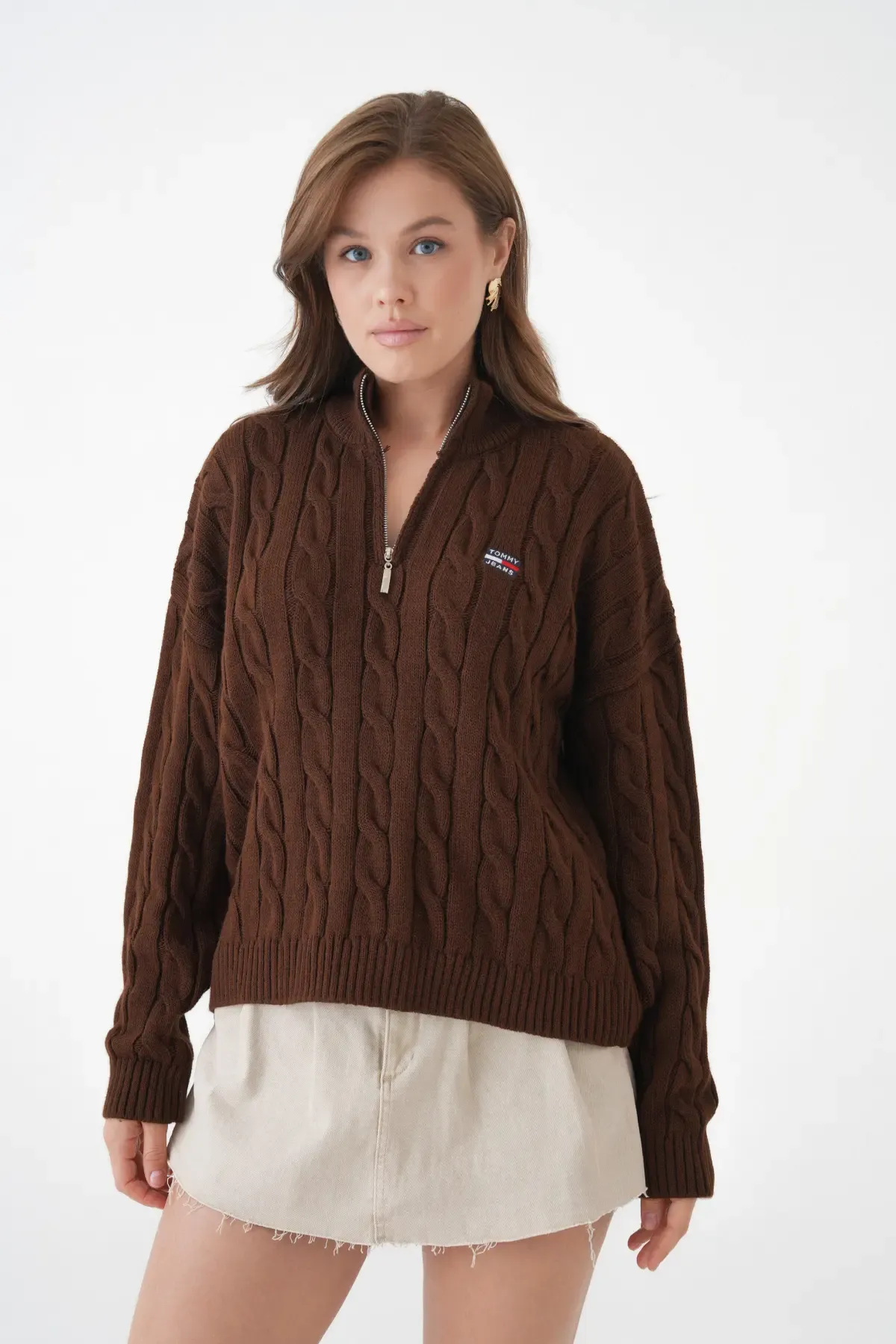 Kadın Dik Yaka Yarım Pat Fermuar Triko Kazak 8635