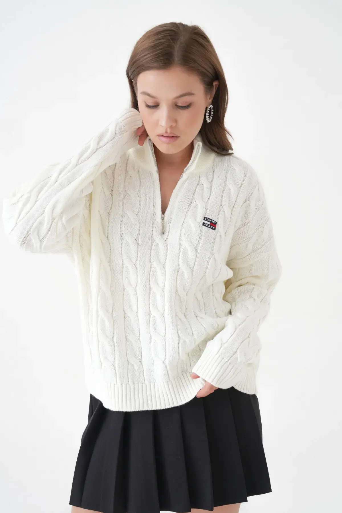 Kadın Dik Yaka Yarım Pat Fermuar Triko Kazak 8635