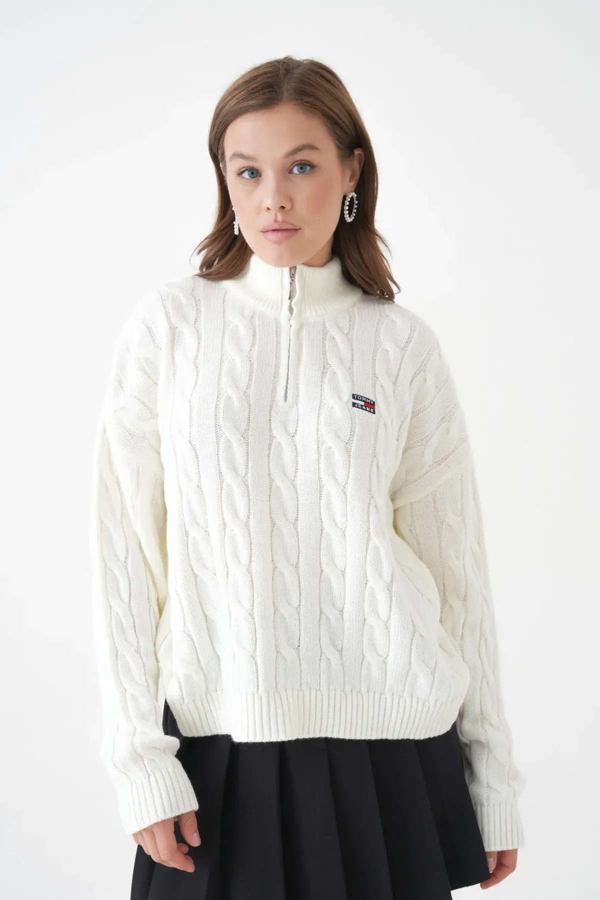 Kadın Dik Yaka Yarım Pat Fermuar Triko Kazak 8635