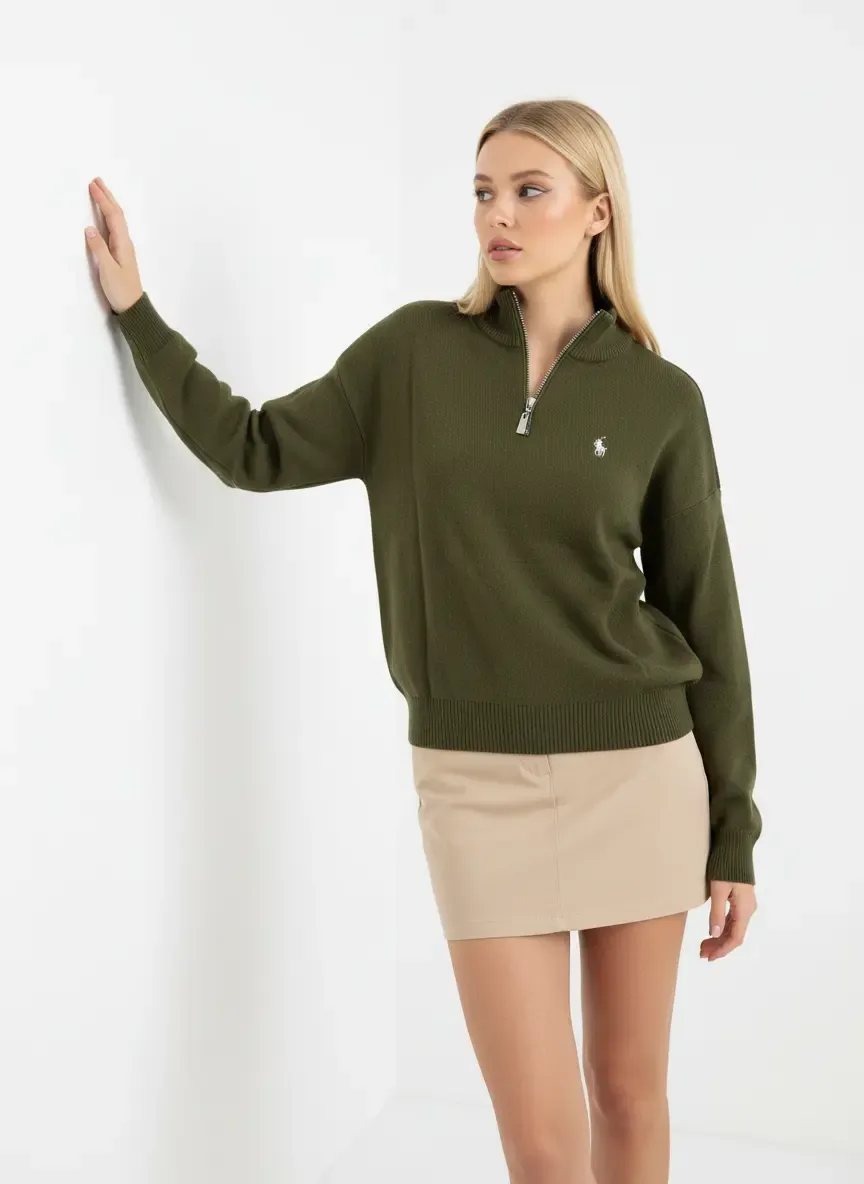 Kadın Dik Yaka Yarım Pat Fermuar Yumuşak Dokulu Triko Kazak 10536