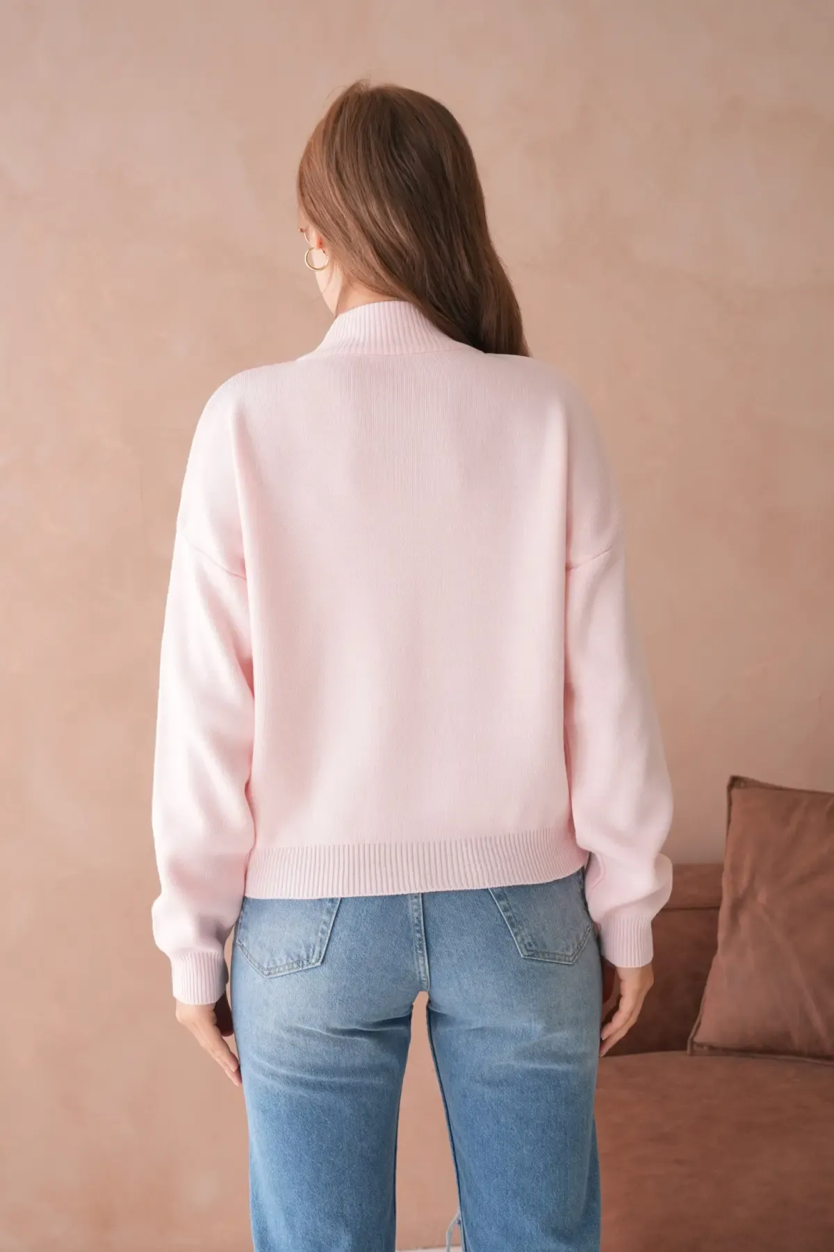 Kadın Dik Yaka Yarım Pat Fermuar Yumuşak Dokulu Triko Kazak 10536