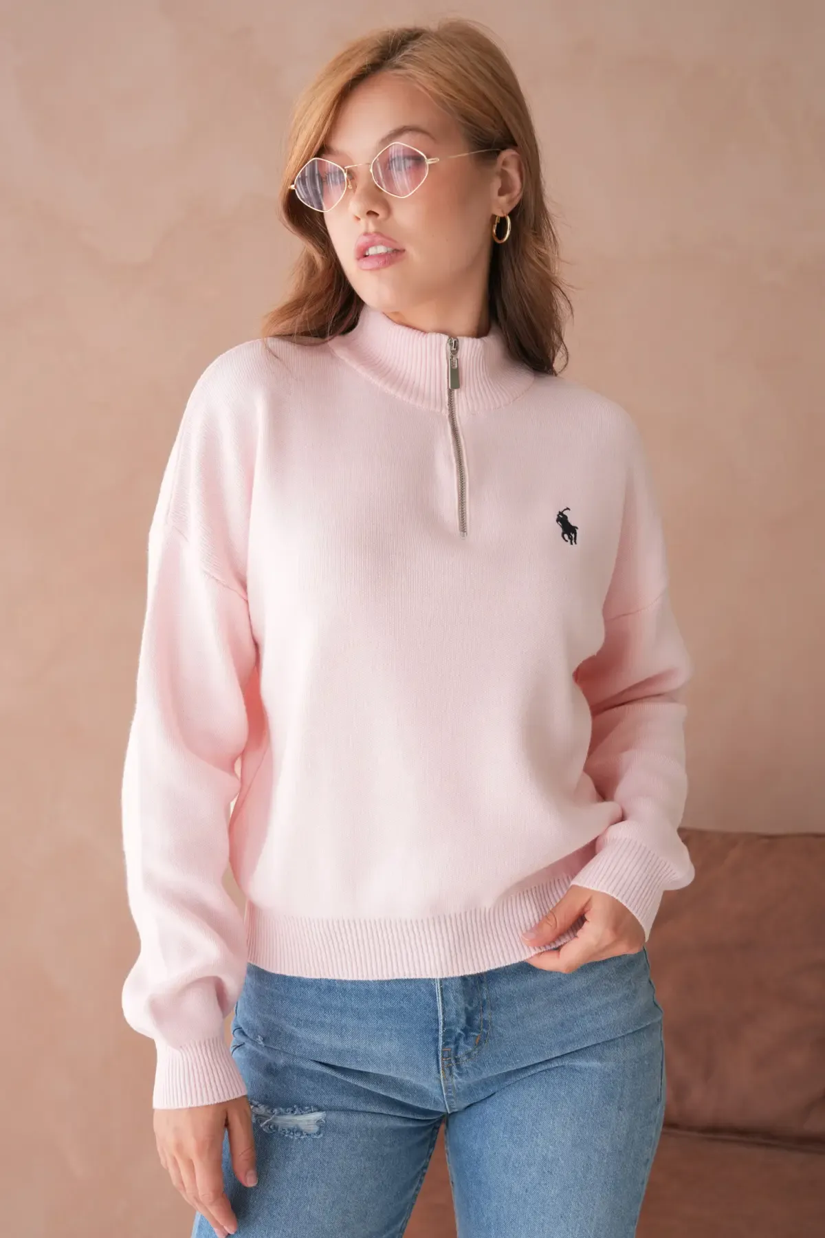 Kadın Dik Yaka Yarım Pat Fermuar Yumuşak Dokulu Triko Kazak 10536