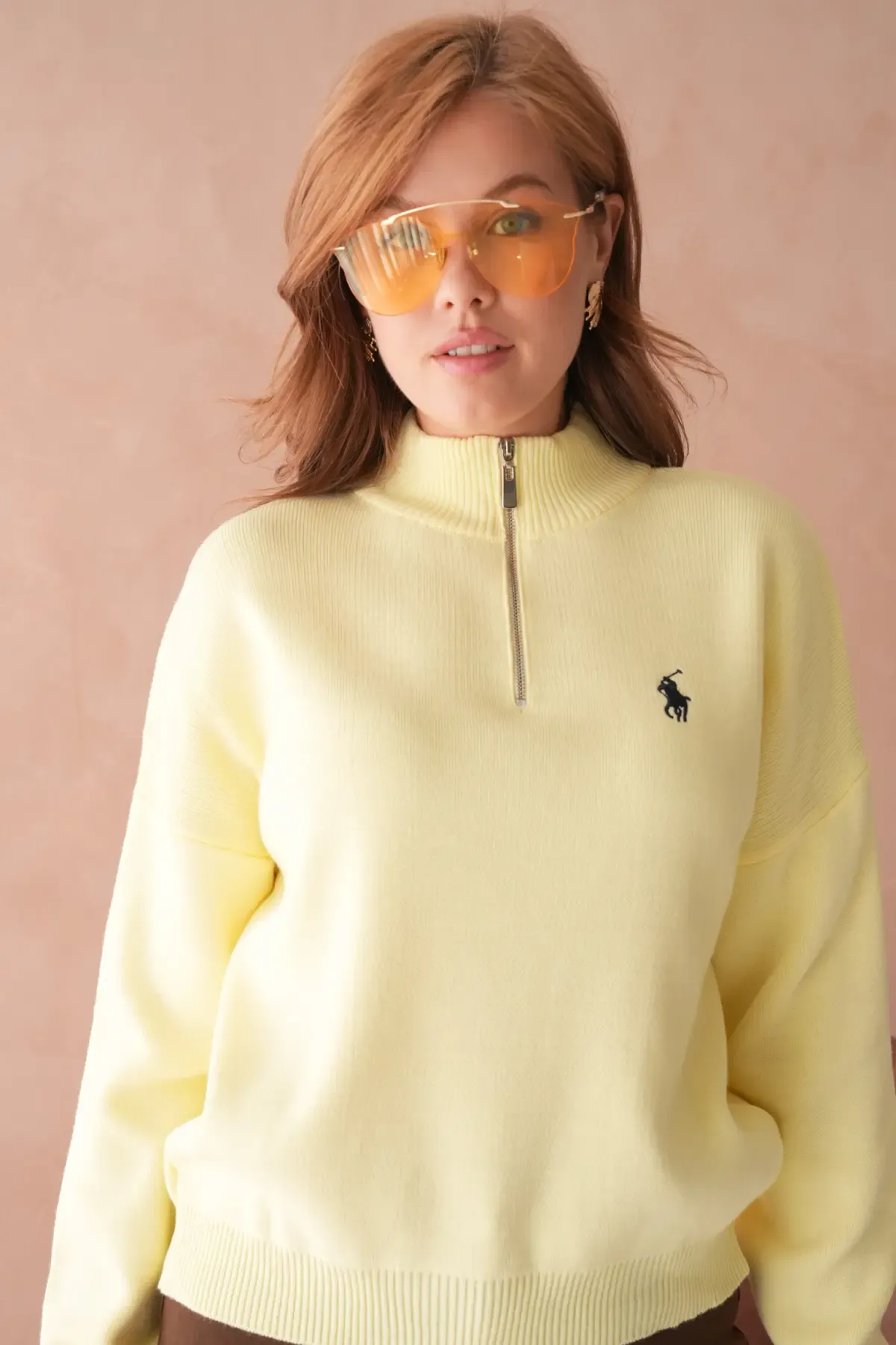 Kadın Dik Yaka Yarım Pat Fermuar Yumuşak Dokulu Triko Kazak 10536