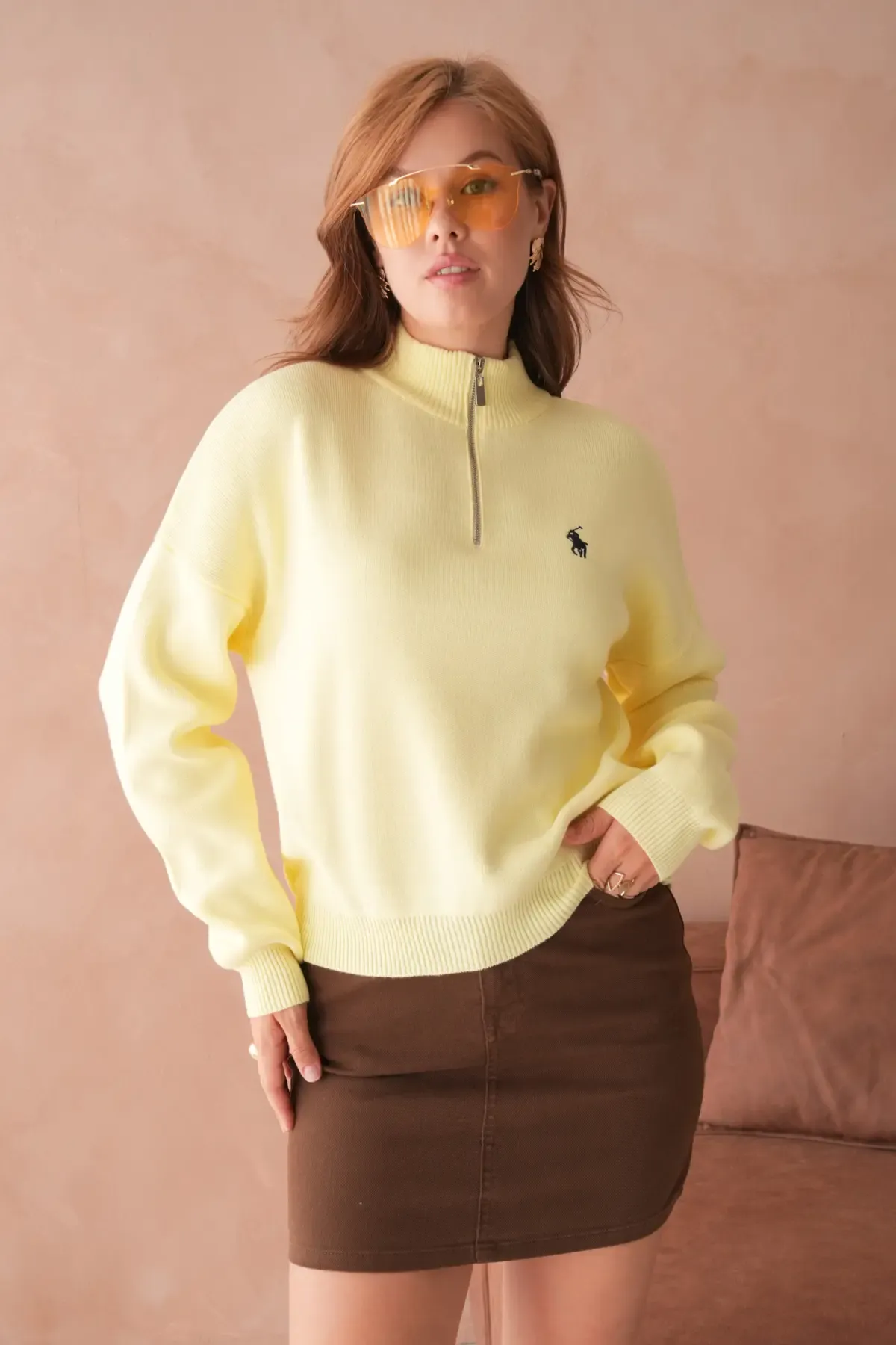 Kadın Dik Yaka Yarım Pat Fermuar Yumuşak Dokulu Triko Kazak 10536