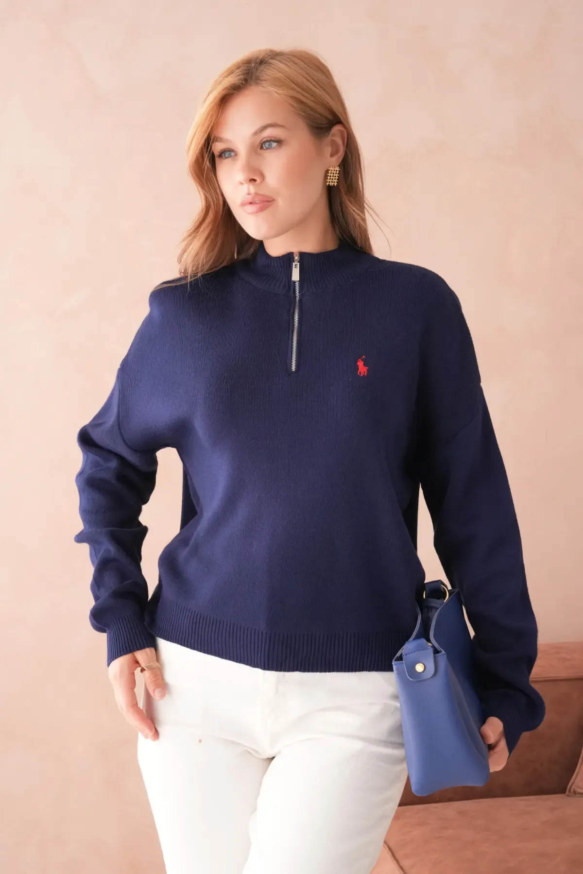 Kadın Dik Yaka Yarım Pat Fermuar Yumuşak Dokulu Triko Kazak 10536