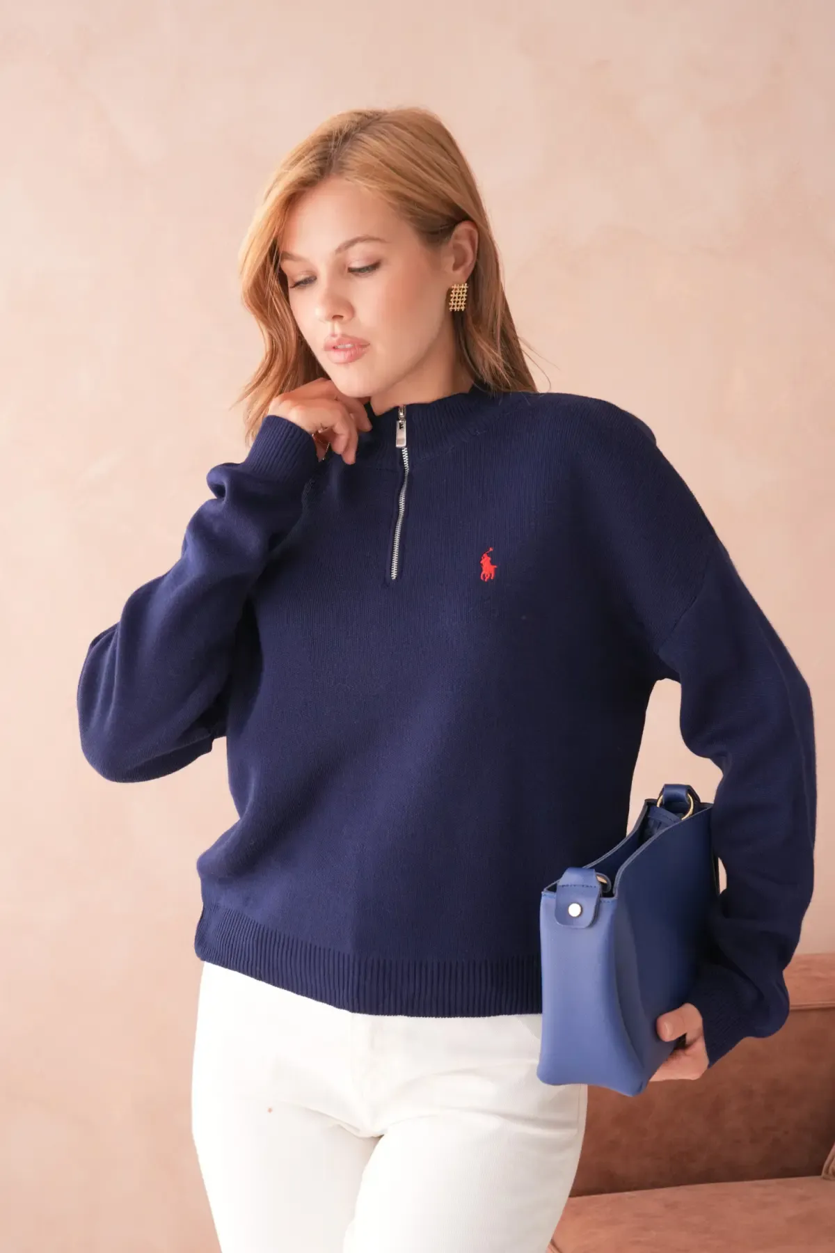 Kadın Dik Yaka Yarım Pat Fermuar Yumuşak Dokulu Triko Kazak 10536