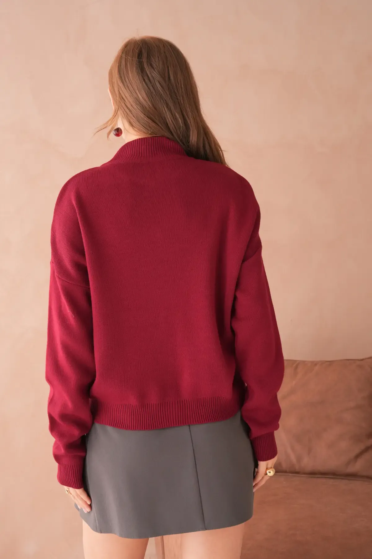 Kadın Dik Yaka Yarım Pat Fermuar Yumuşak Dokulu Triko Kazak 10536