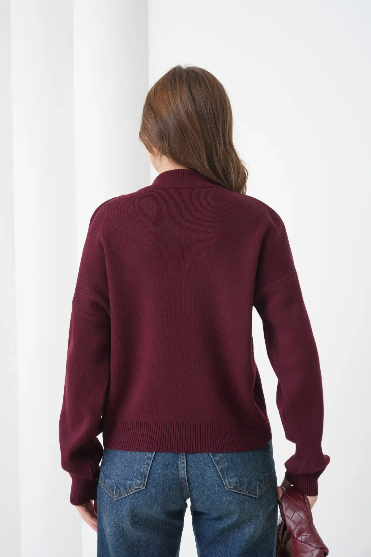 Kadın Dik Yaka Yarım Pat Fermuar Yumuşak Dokulu Triko Kazak 10536