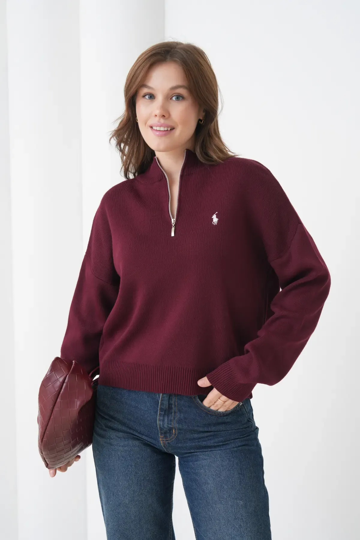 Kadın Dik Yaka Yarım Pat Fermuar Yumuşak Dokulu Triko Kazak 10536