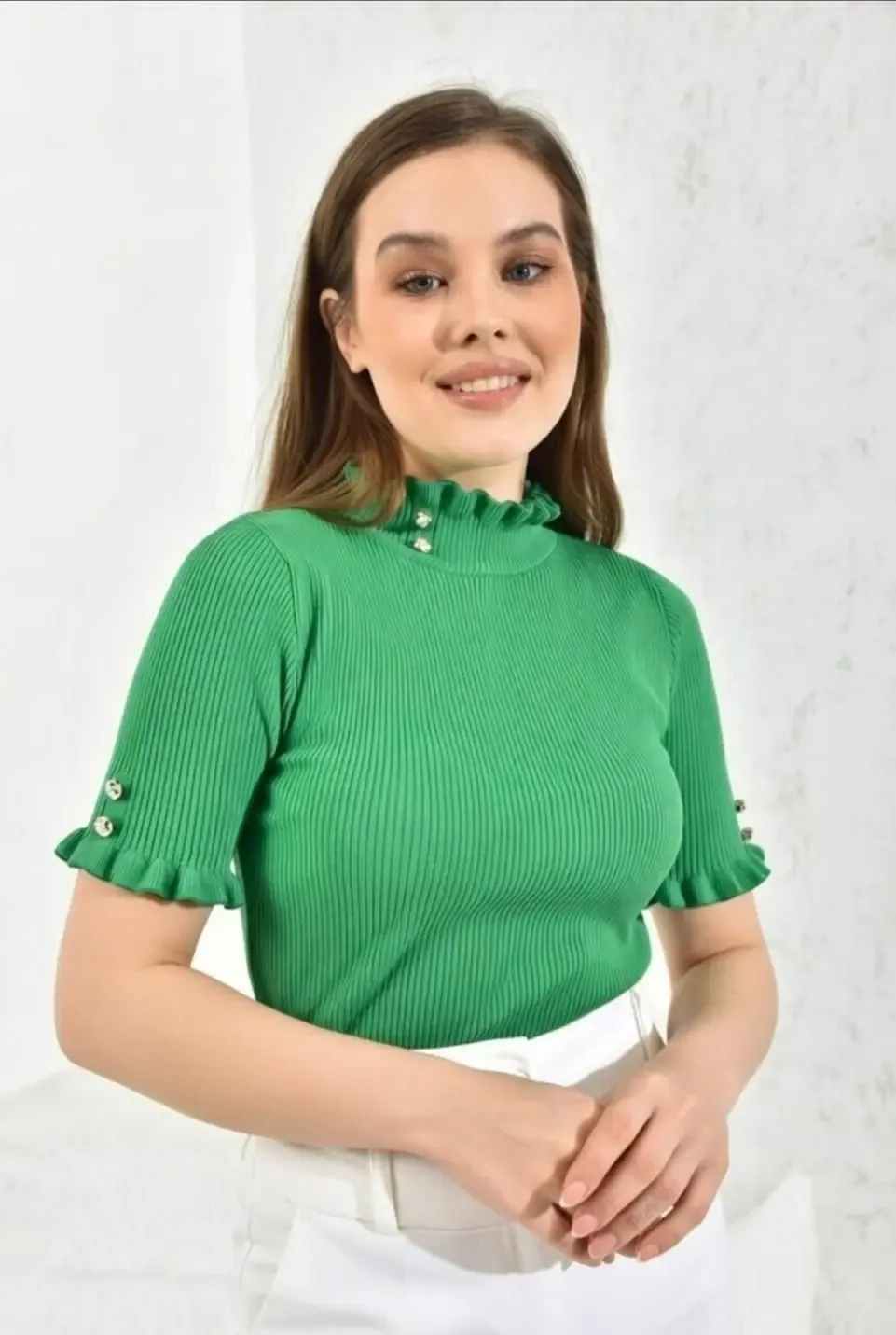 Kadın Fırfırlı Taş Düğme Detaylı Selanik Örgü Triko Kazak 214535