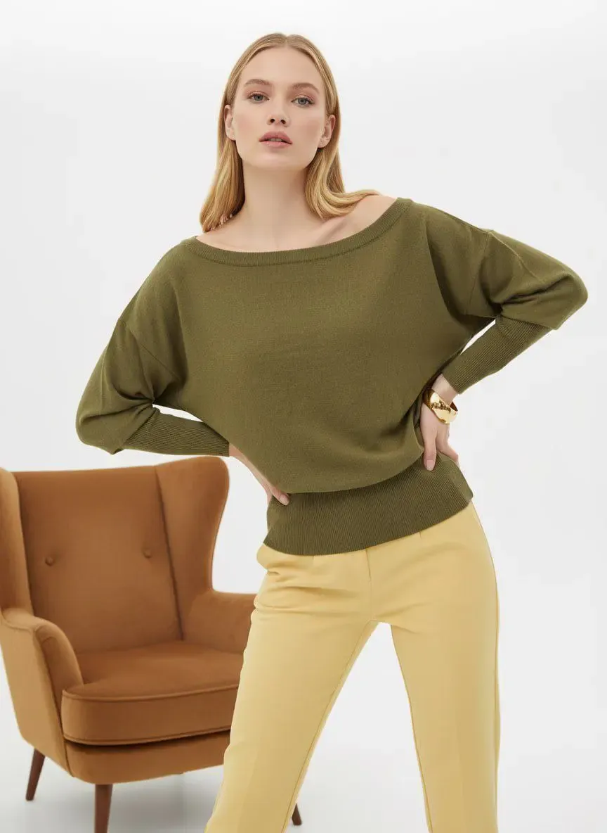 Kadın Geniş Yaka Kol Detay Premium İplik Yumuşak Dokulu triko kazak 12384.Crs