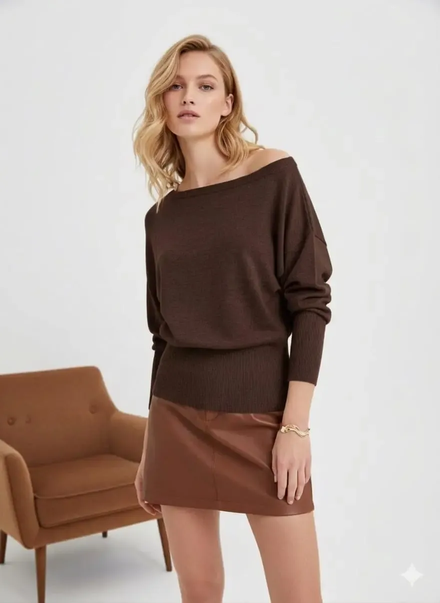 Kadın Geniş Yaka Kol Detay Premium İplik Yumuşak Dokulu triko kazak 12384.Crs