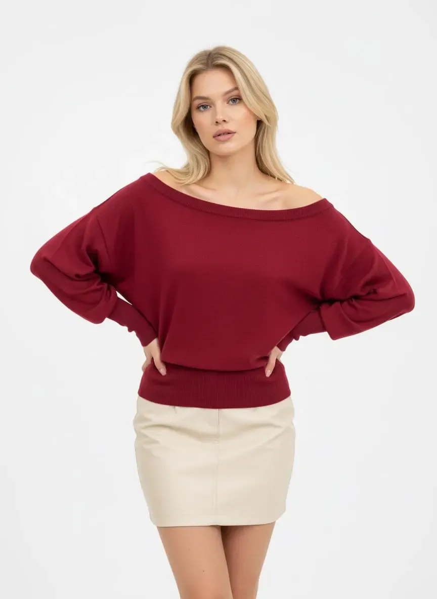 Kadın Geniş Yaka Kol Detay Premium İplik Yumuşak Dokulu triko kazak 12384.Crs