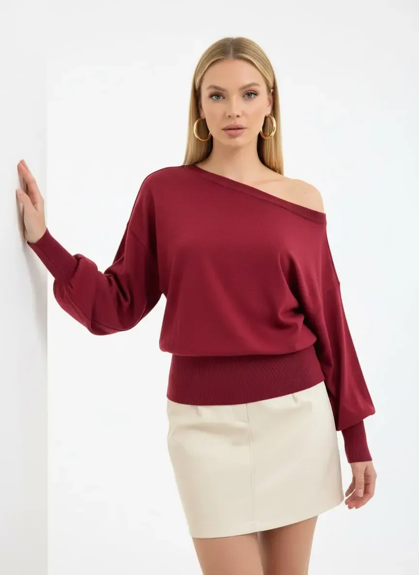 Kadın Geniş Yaka Kol Detay Premium İplik Yumuşak Dokulu triko kazak 12384.Crs