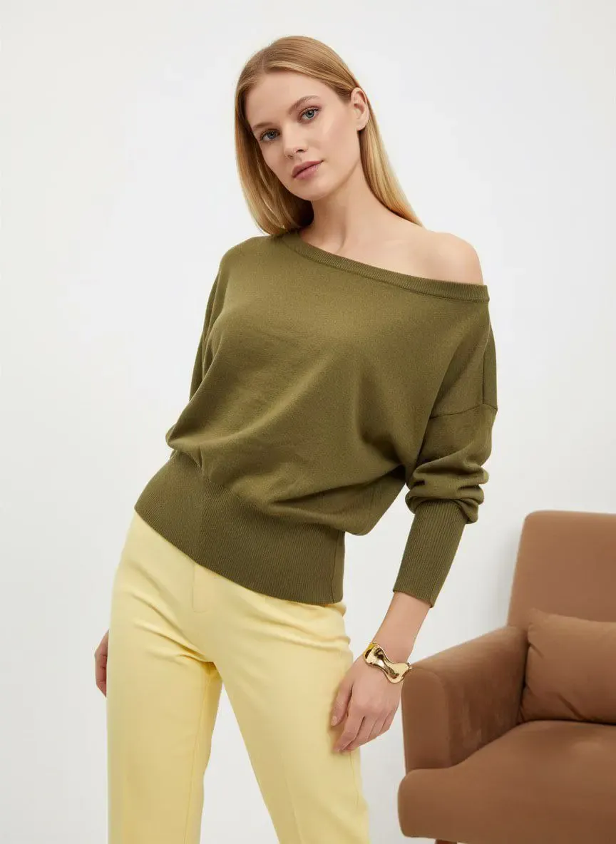 Kadın Geniş Yaka Kol Detay Premium İplik Yumuşak Dokulu triko kazak 12384.Crs