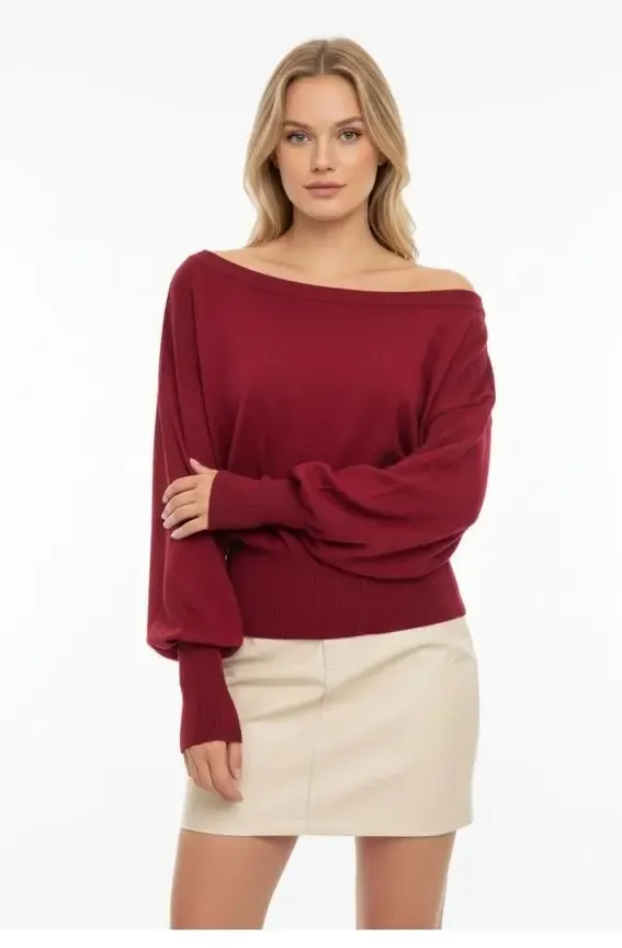 Kadın Geniş Yaka Kol Detay Premium İplik Yumuşak Dokulu triko kazak 12384.Crs