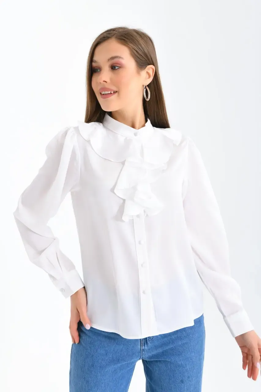 Kadın Hafif Dökümlü Volanlı Yaka Saten Gömlek 33033