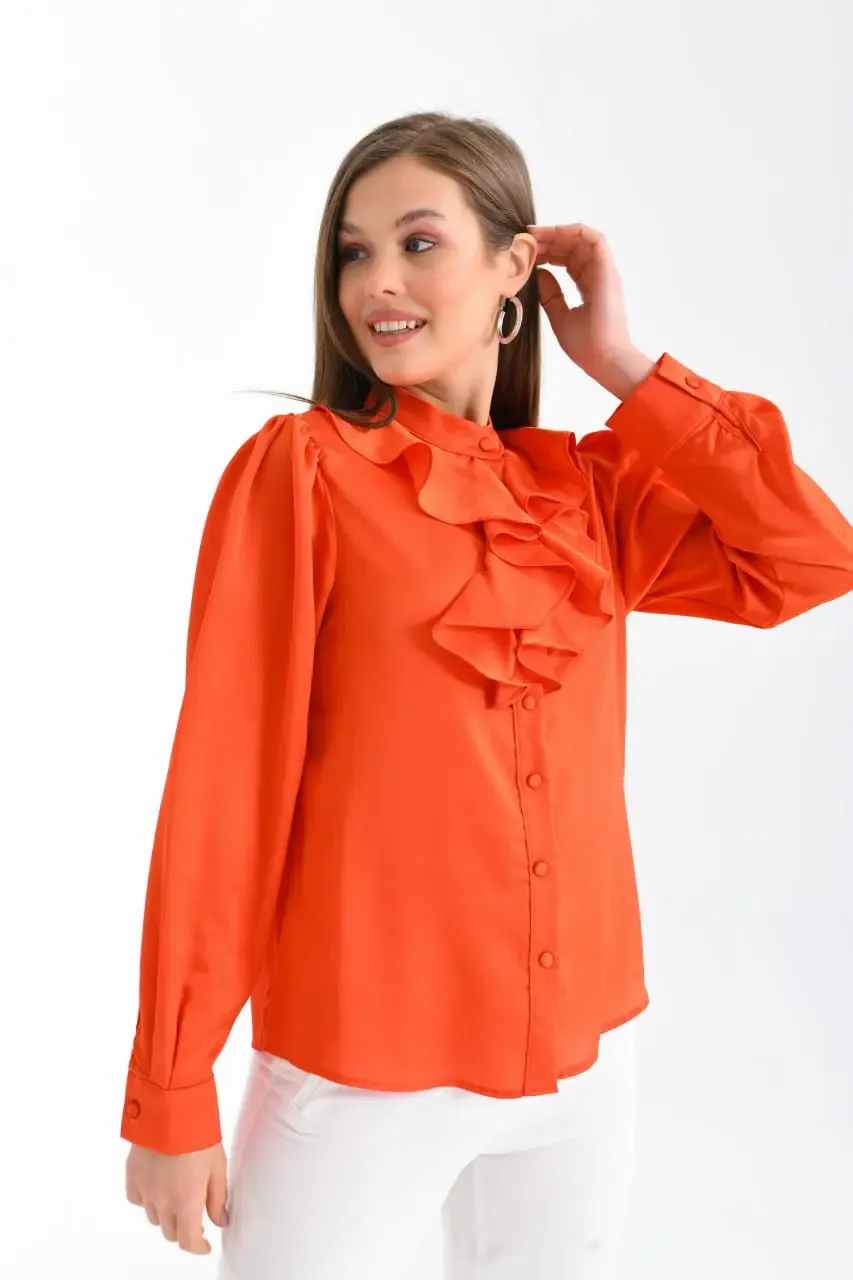 Kadın Hafif Dökümlü Volanlı Yaka Saten Gömlek 33033