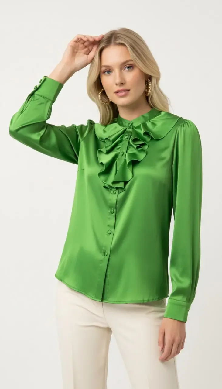 Kadın Hafif Dökümlü Volanlı Yaka Saten Gömlek 33033