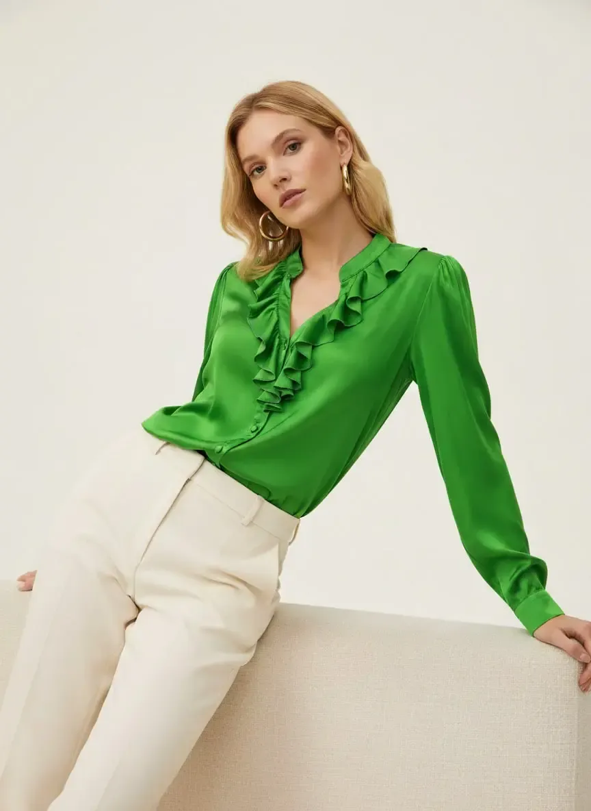Kadın Hafif Dökümlü Volanlı Yaka Saten Gömlek 33033